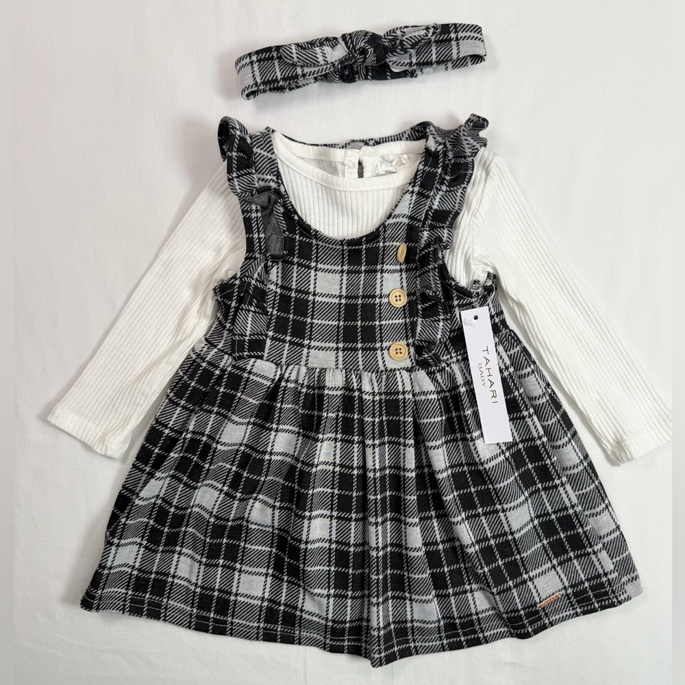 NWT TAHARI Baby Girls’ Plaid 3 Pc. Set One‎ Piece, Pinafore Dress & Headband 12M